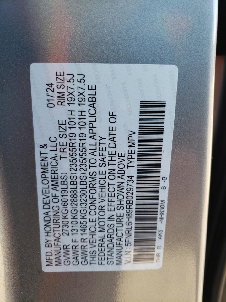 2024 HONDA ODYSSEY TOURING VIN:5FNRL6H89RB029734