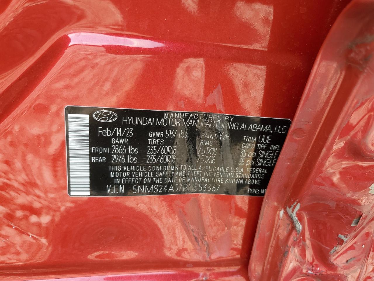 2023 HYUNDAI SANTA FE SEL VIN:5NMS24AJ7PH553367