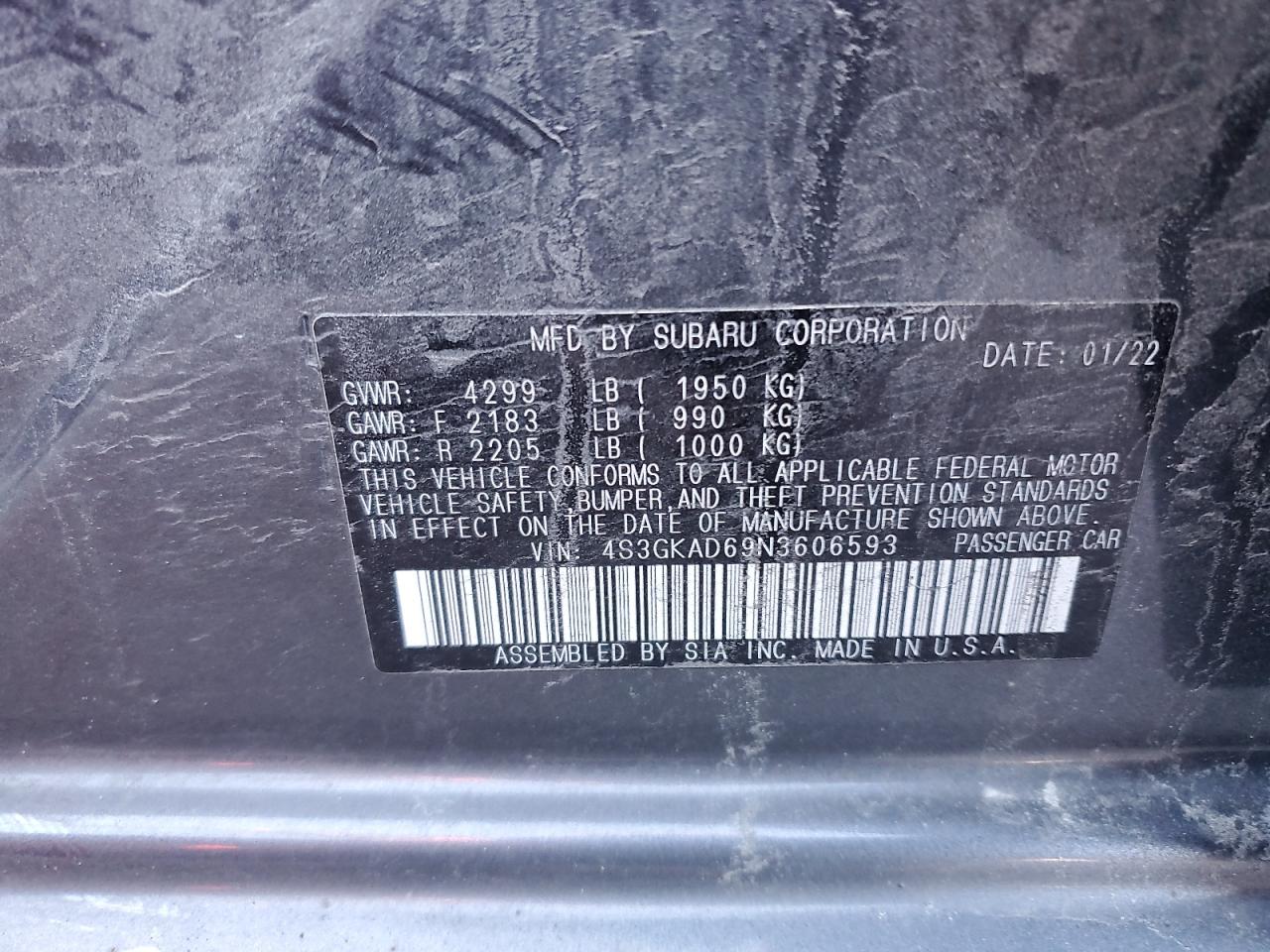 2022 SUBARU IMPREZA PREMIUM VIN:4S3GKAD69N3606593