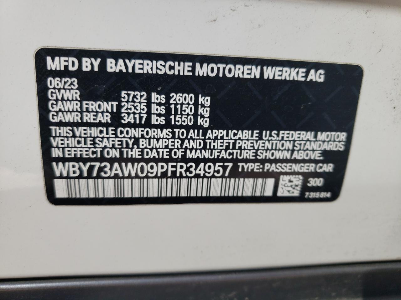 2023 BMW I4 EDRIVE40  VIN:WBY73AW09PFR34957