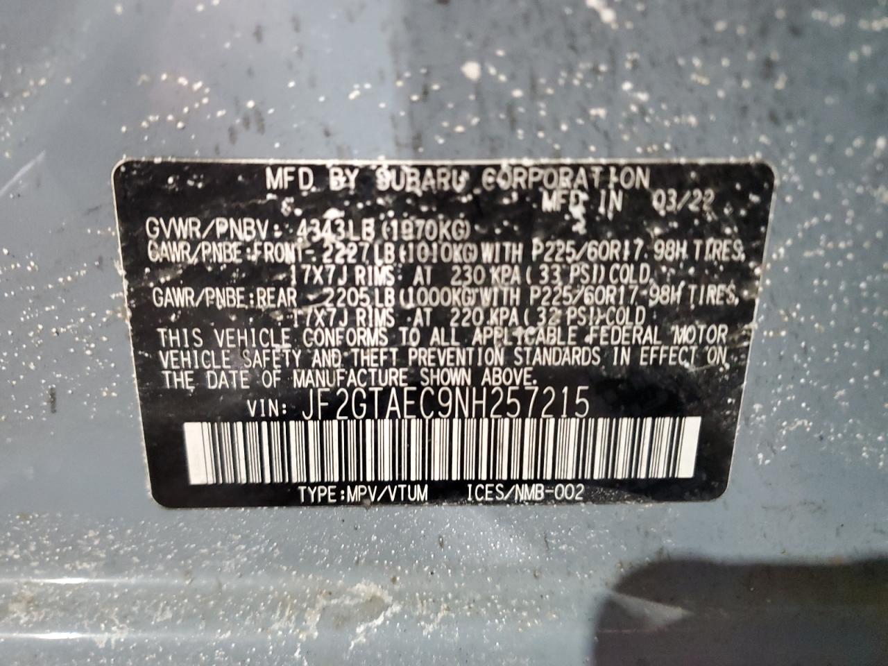 2022 SUBARU CROSSTREK PREMIUM VIN:JF2GTAEC9NH257215