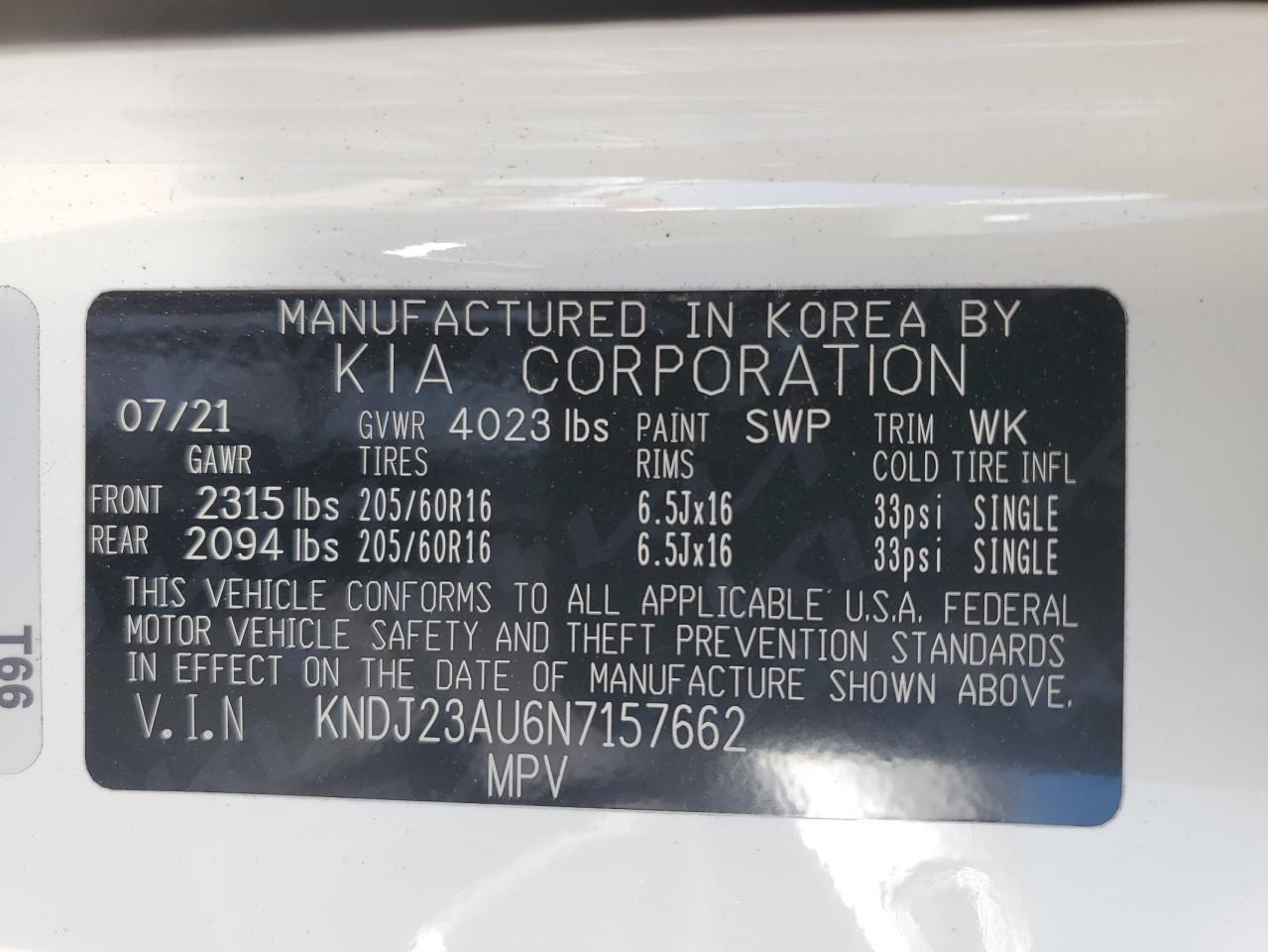 2022 KIA SOUL LX VIN:KNDJ23AU6N7157662