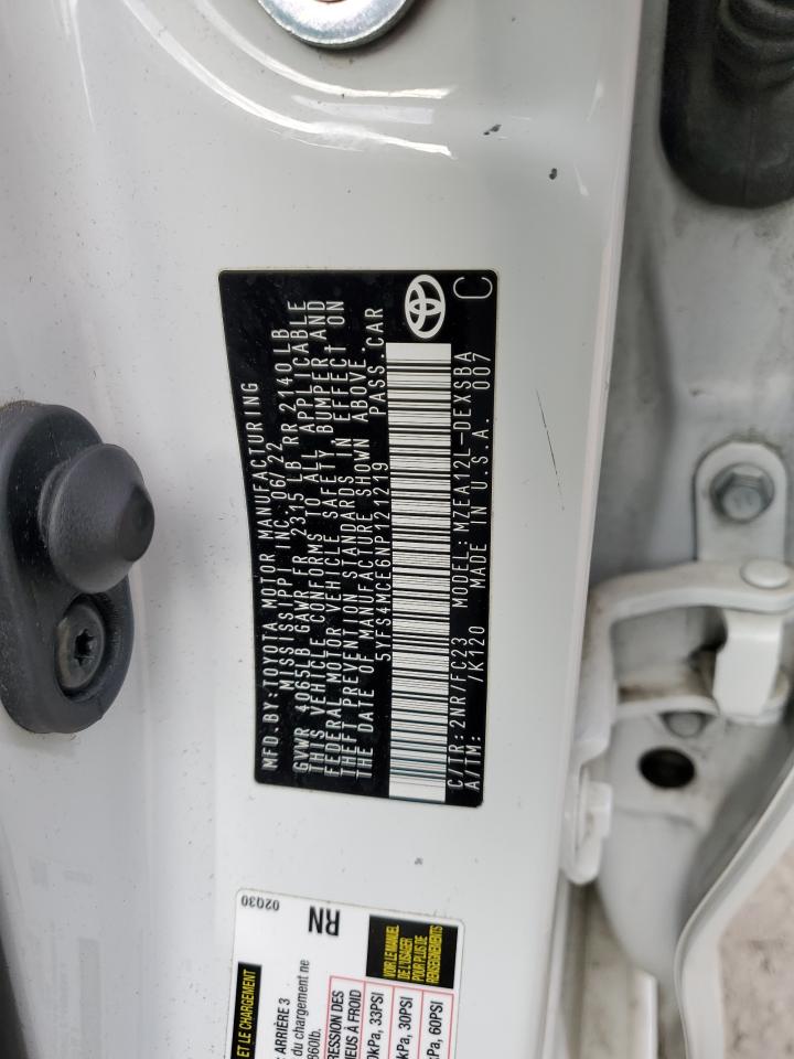 2022 TOYOTA COROLLA SE VIN:5YFS4MCE6NP121219