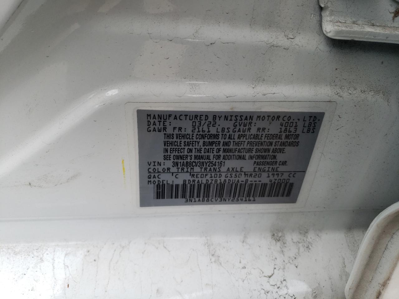 2022 NISSAN SENTRA SV VIN:3N1AB8CV3NY254161