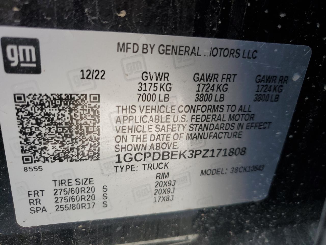 2023 CHEVROLET SILVERADO K1500 CUSTOM VIN:1GCPDBEK3PZ171808