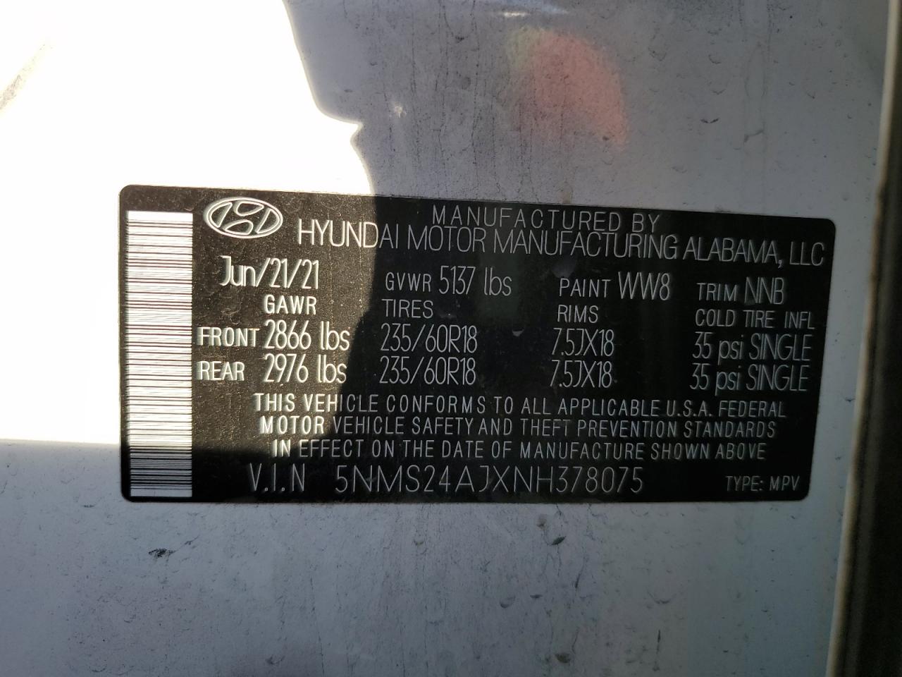 2022 HYUNDAI SANTA FE SEL VIN:5NMS24AJXNH378075