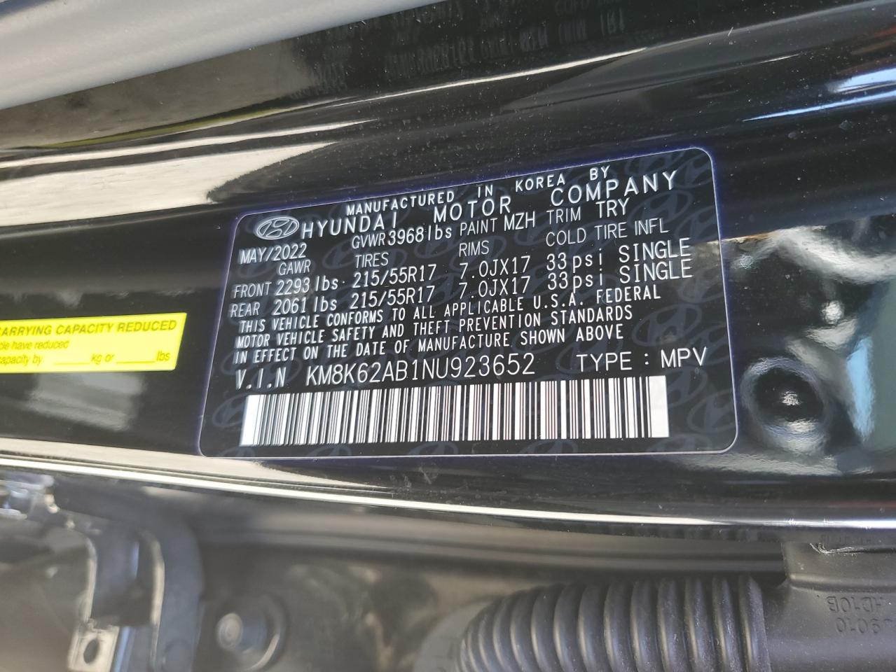 2022 HYUNDAI KONA SEL VIN:KM8K62AB1NU923652