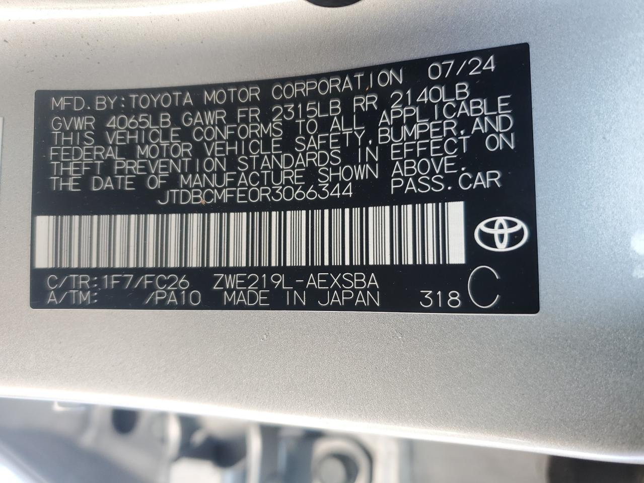 2024 TOYOTA COROLLA LE VIN:JTDBCMFE0R3066344