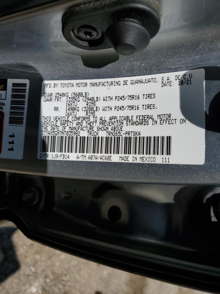 2022 TOYOTA TACOMA DOUBLE CAB VIN:3TYAX5GN7NT035982