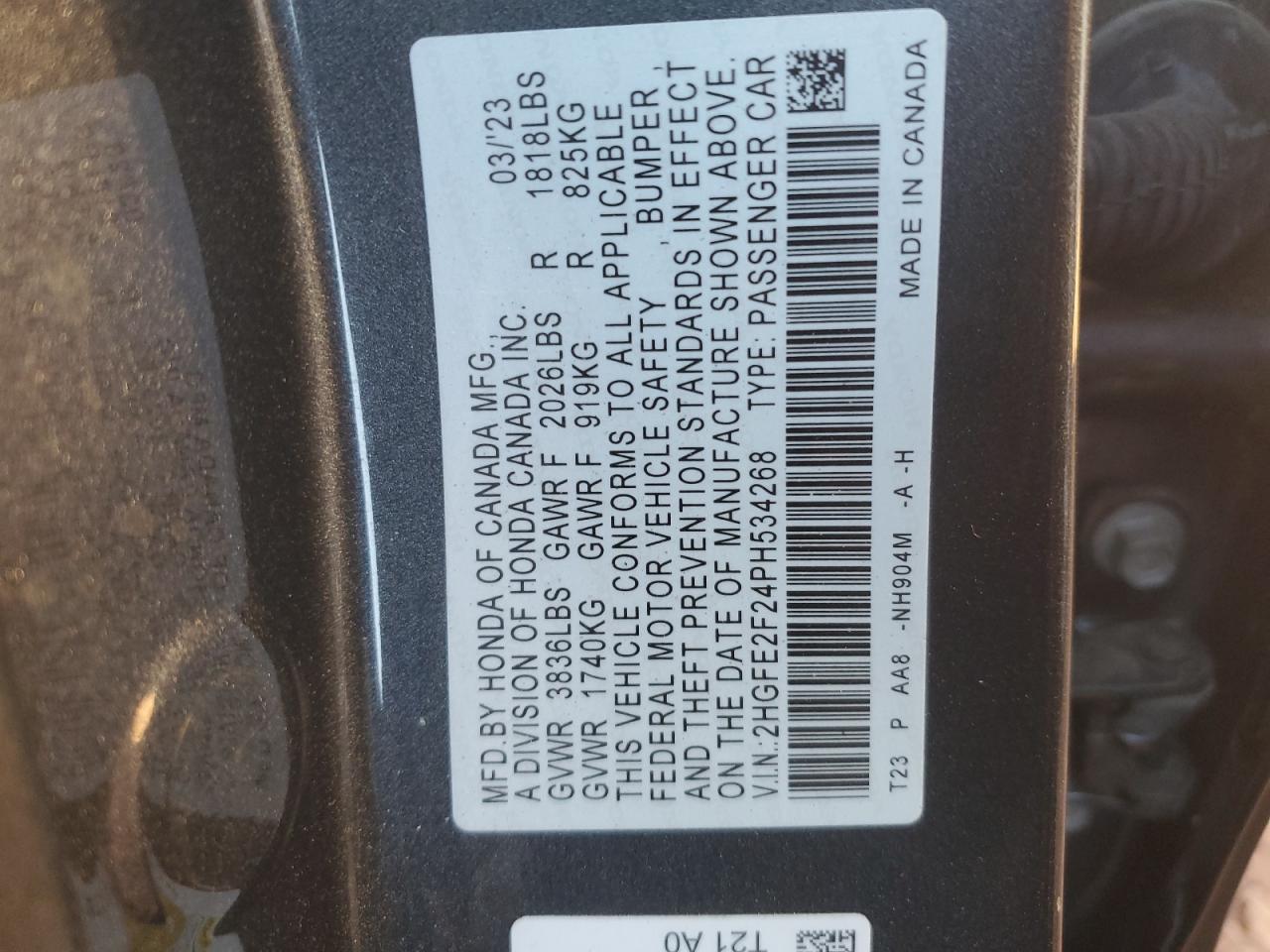 2023 HONDA CIVIC LX VIN:2HGFE2F24PH534268