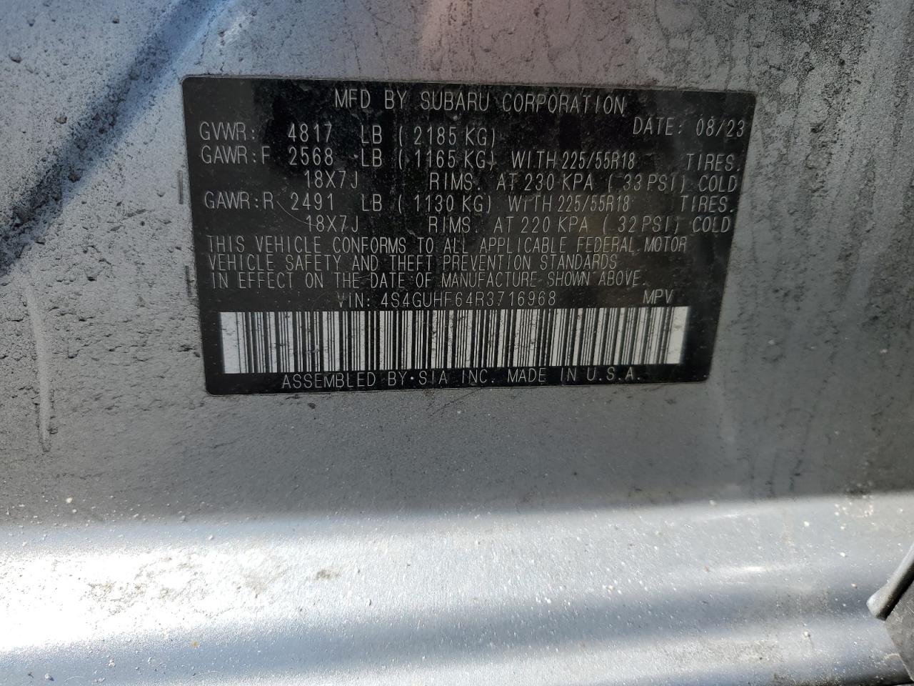 2024 SUBARU CROSSTREK SPORT VIN:4S4GUHF64R3716968