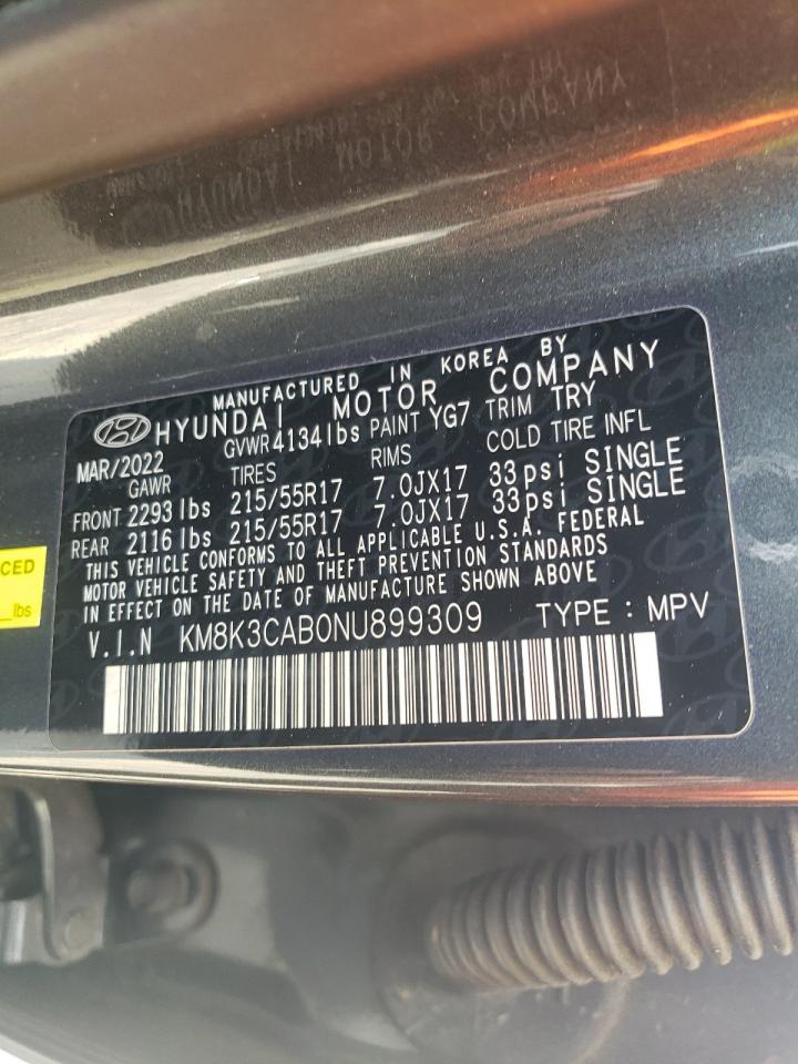 2022 HYUNDAI KONA SEL VIN:KM8K3CAB0NU899309