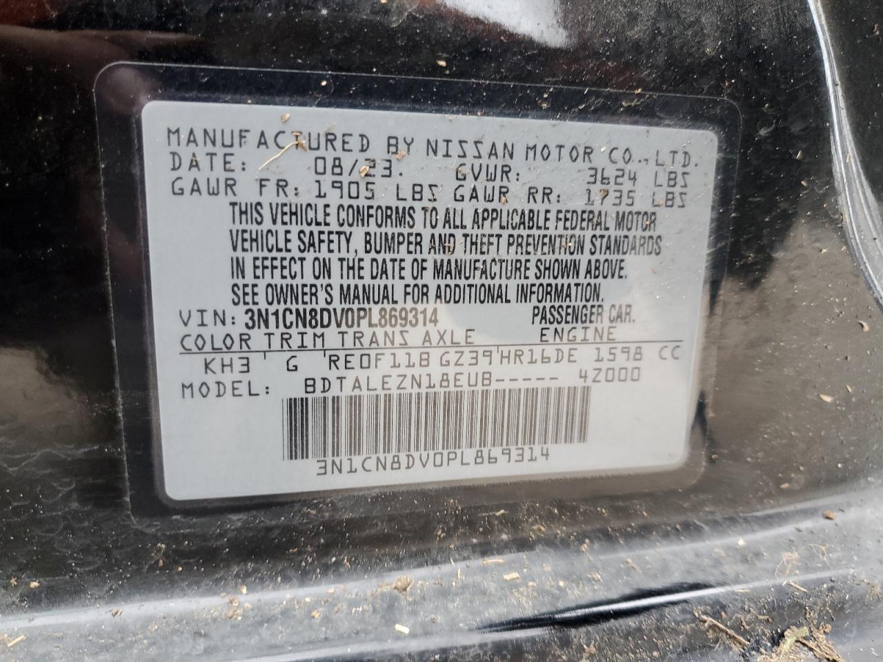 2023 NISSAN VERSA S VIN:3N1CN8DV0PL869314