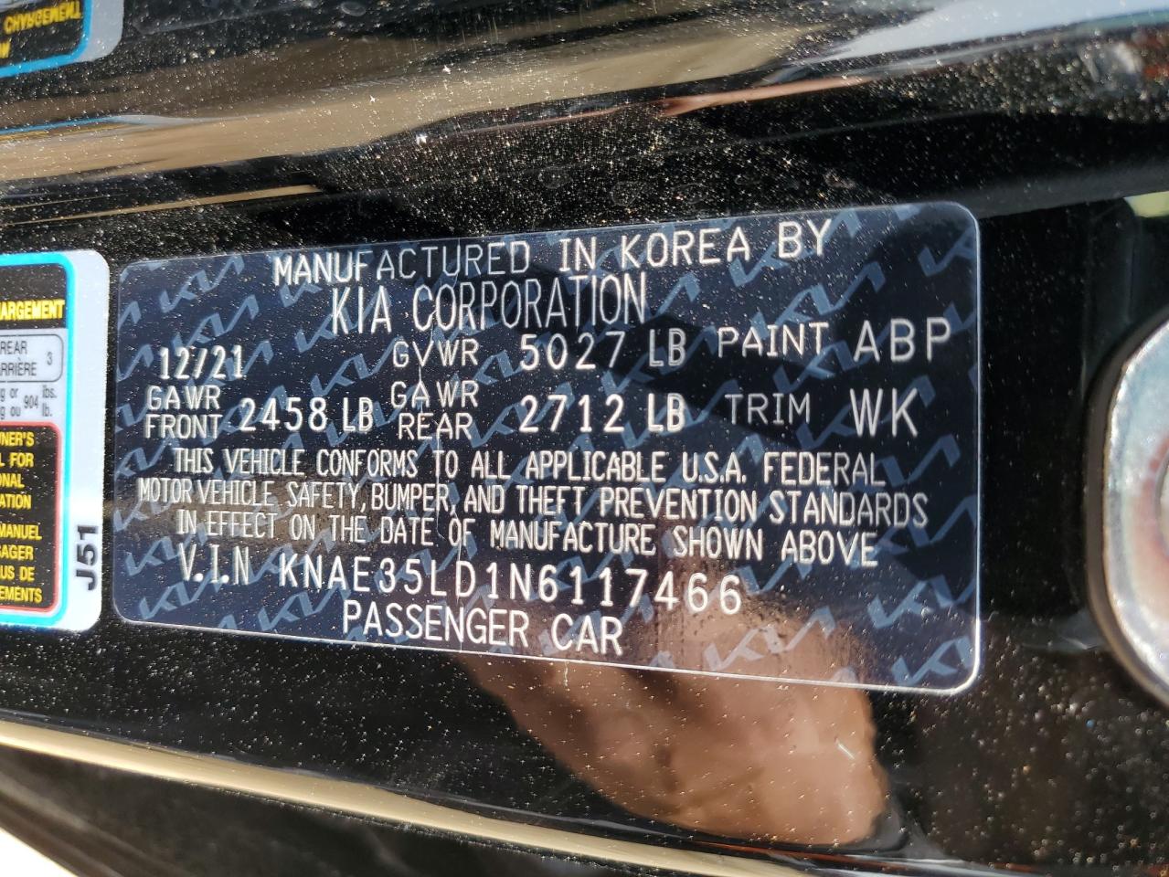 2022 KIA STINGER GT LINE VIN:KNAE35LD1N6117466