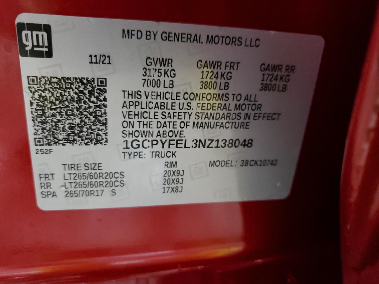 2022 CHEVROLET SILVERADO LTD K1500 LT TRAIL BOSS VIN:1GCPYFEL3NZ138048