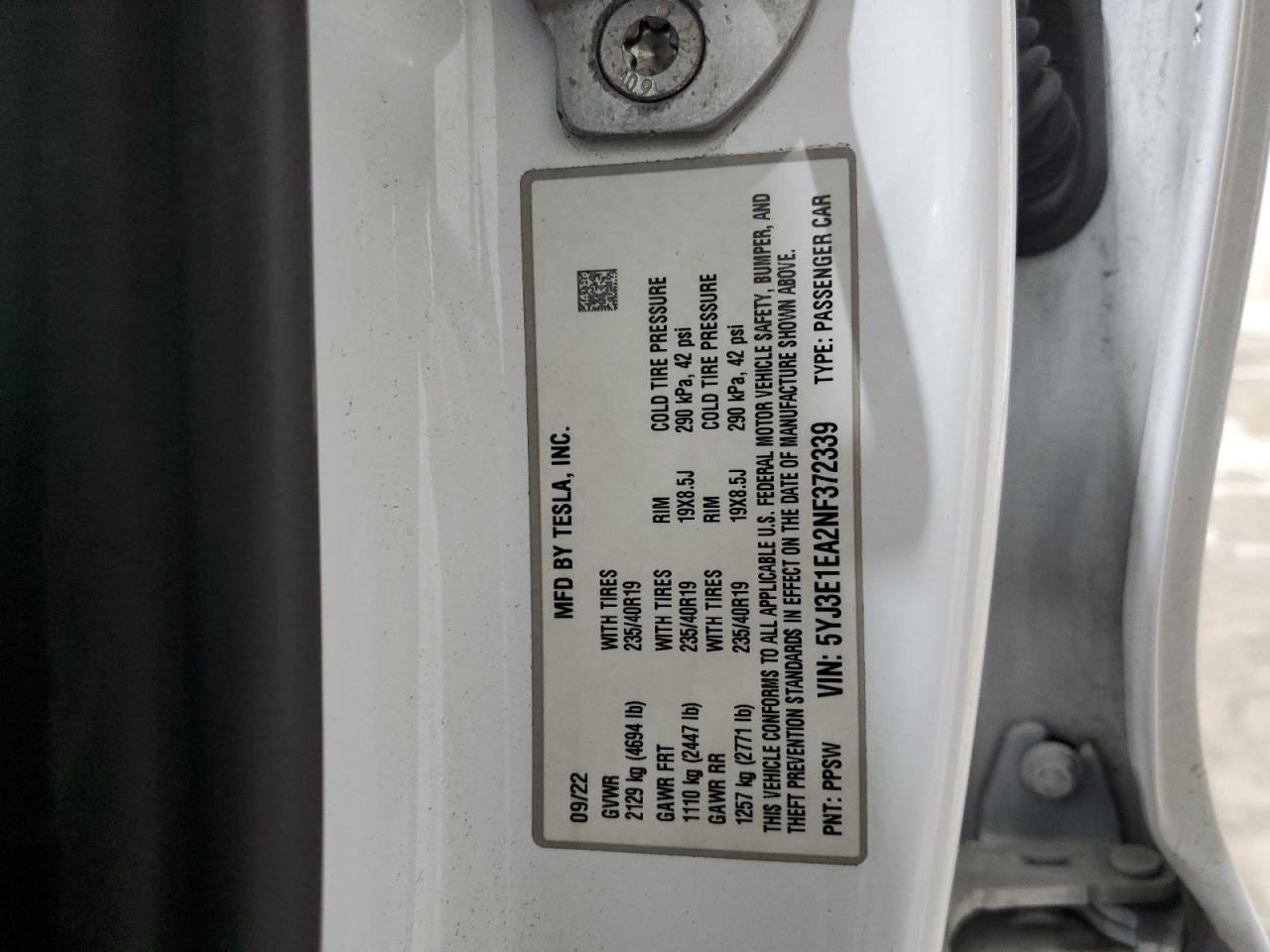 2022 TESLA MODEL 3  VIN:5YJ3E1EA2NF372339