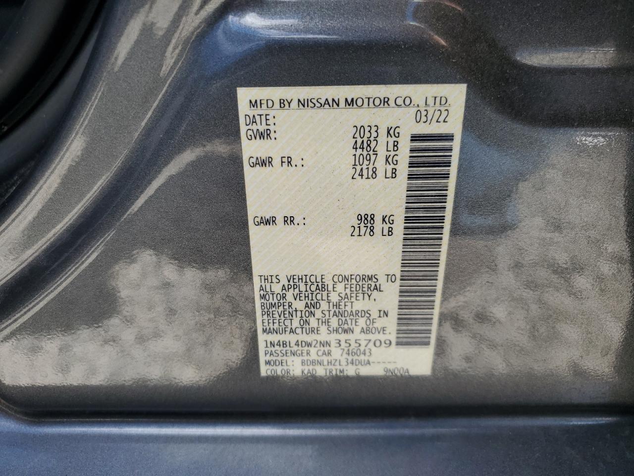 2022 NISSAN ALTIMA SV VIN:1N4BL4DW2NN355709