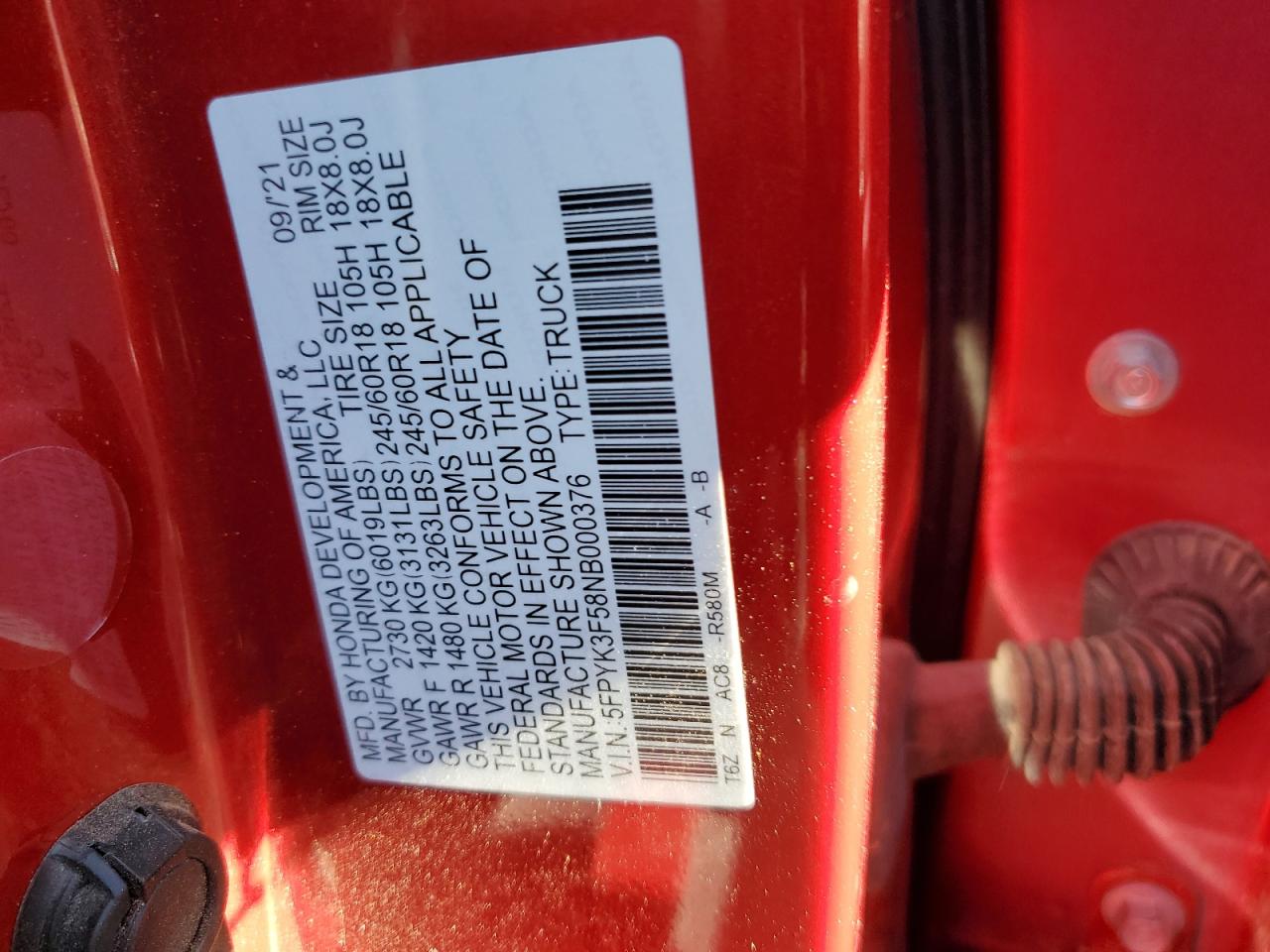 2022 HONDA RIDGELINE RTL VIN:5FPYK3F58NB000376