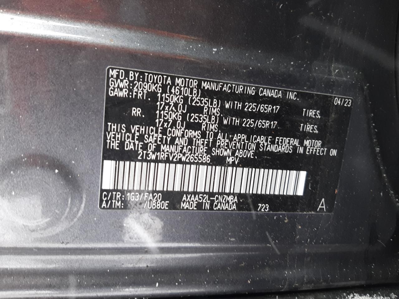 2023 TOYOTA RAV4 XLE VIN:2T3W1RFV2PW265586