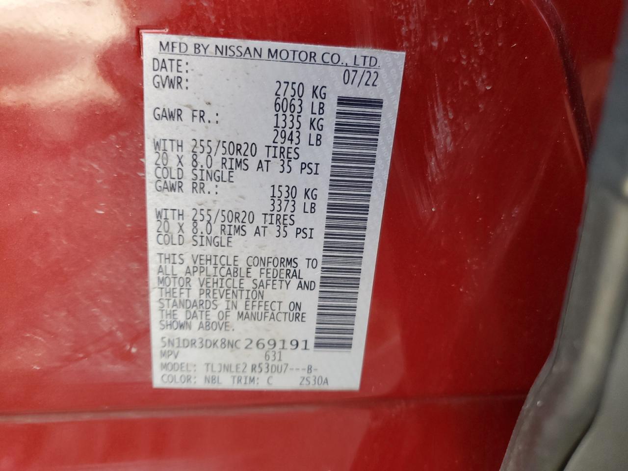 2022 NISSAN PATHFINDER PLATINUM VIN:5N1DR3DK8NC269191