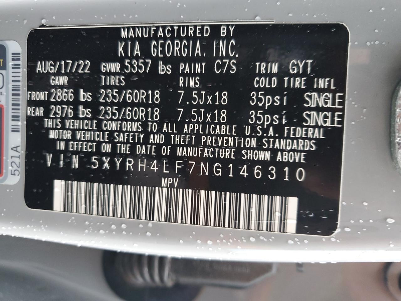 2022 KIA SORENTO EX VIN:5XYRH4LF7NG146310