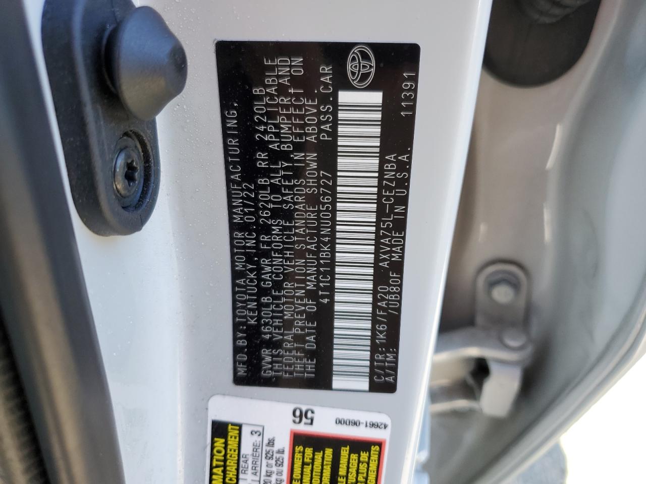 2022 TOYOTA CAMRY LE VIN:4T1C11BK4NU056727