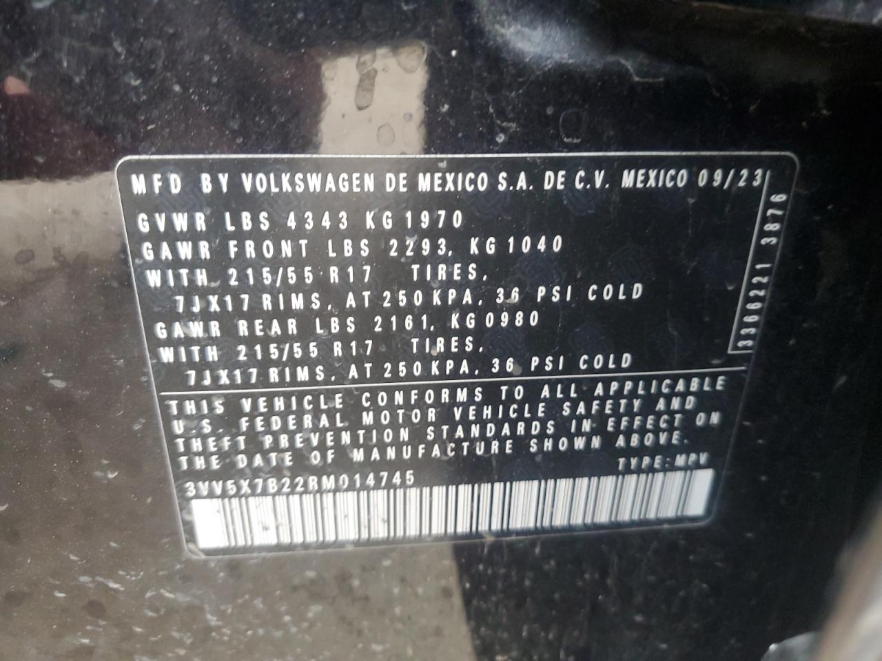 2024 VOLKSWAGEN TAOS S VIN:3VV5X7B22RM014745