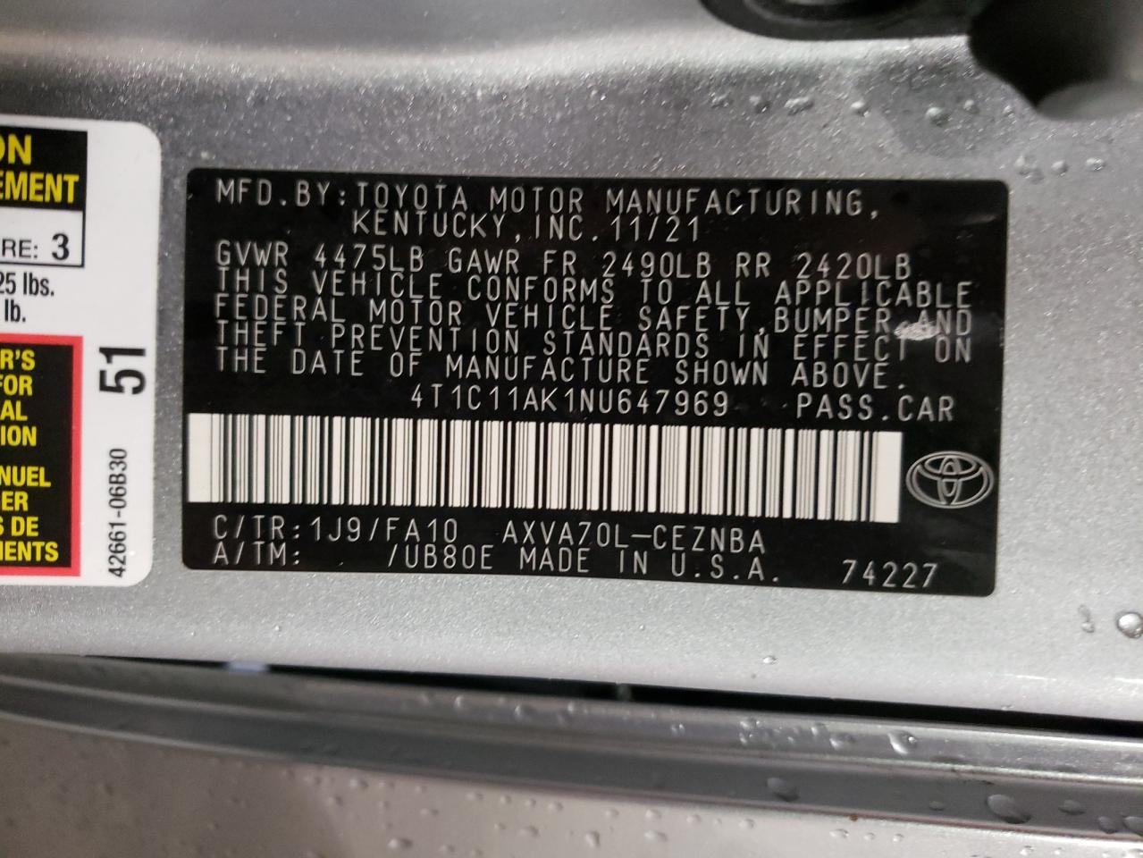 2022 TOYOTA CAMRY LE VIN:4T1C11AK1NU647969