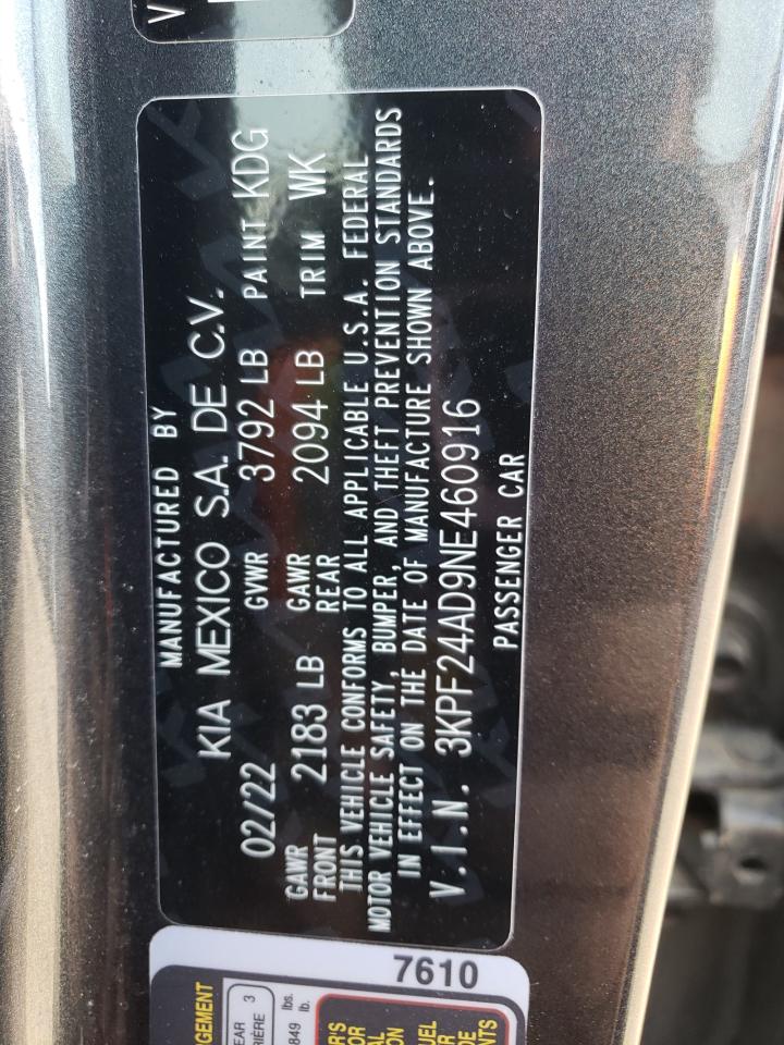 2022 KIA FORTE FE VIN:3KPF24AD9NE460916
