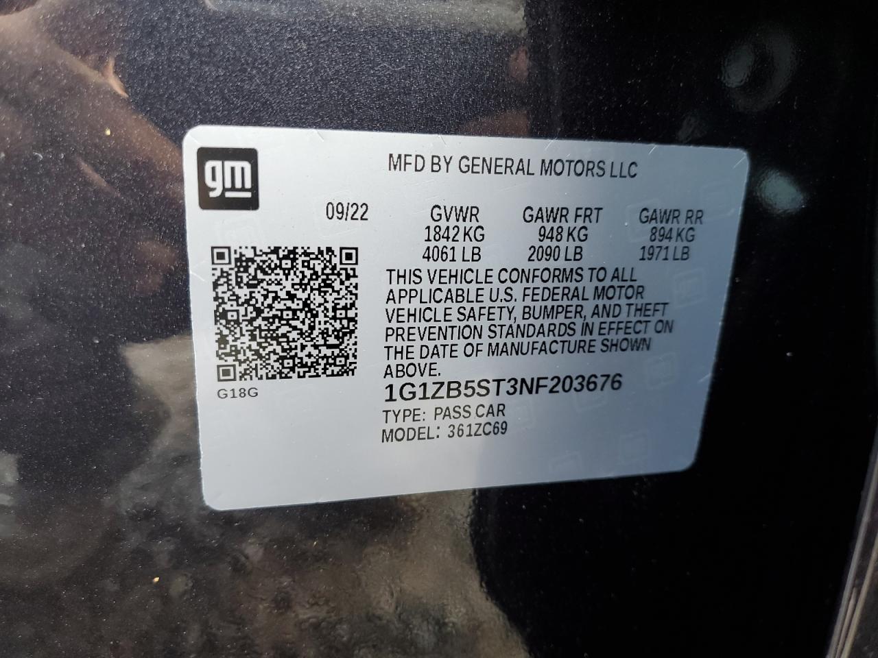 2022 CHEVROLET MALIBU LS VIN:1G1ZB5ST3NF203676