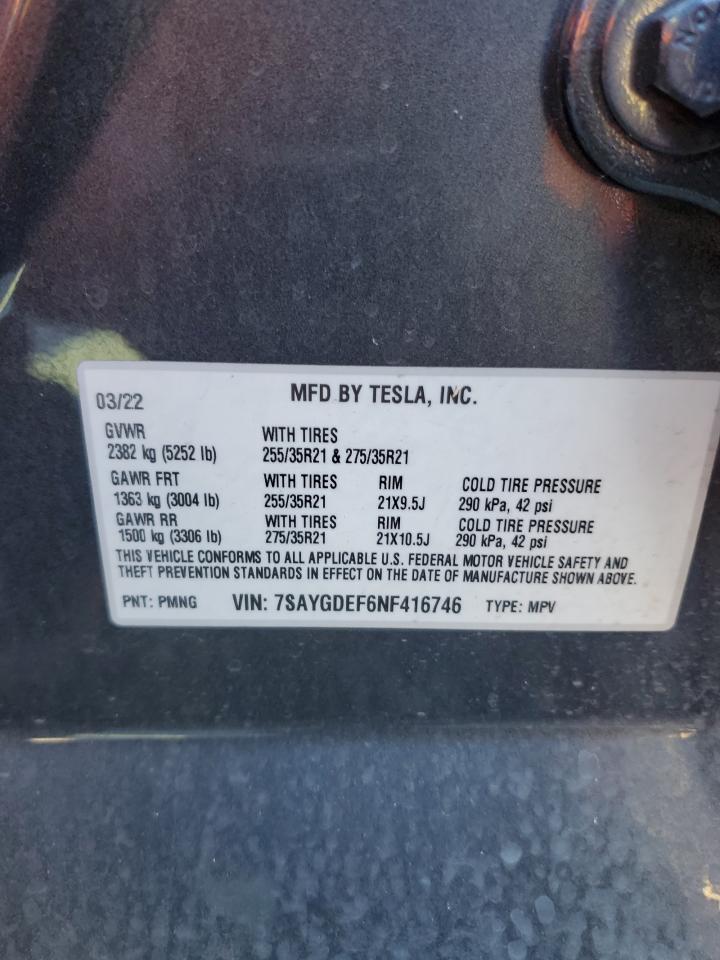 2022 TESLA MODEL Y  VIN:7SAYGDEF6NF416746