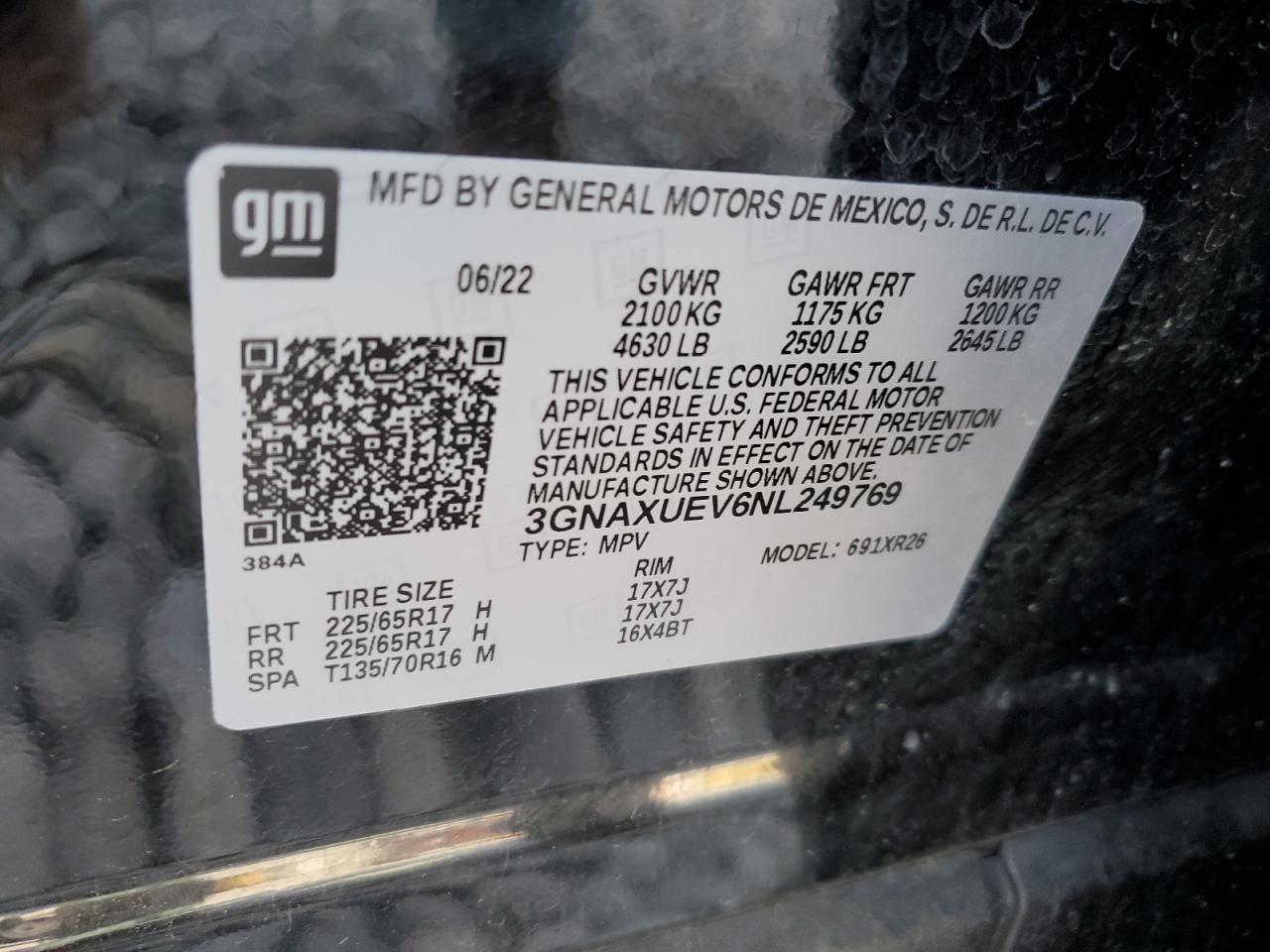 2022 CHEVROLET EQUINOX LT VIN:3GNAXUEV6NL249769