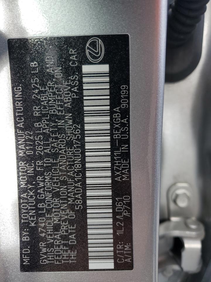 2022 LEXUS ES 300H BASE VIN:58ADA1C18NU017562