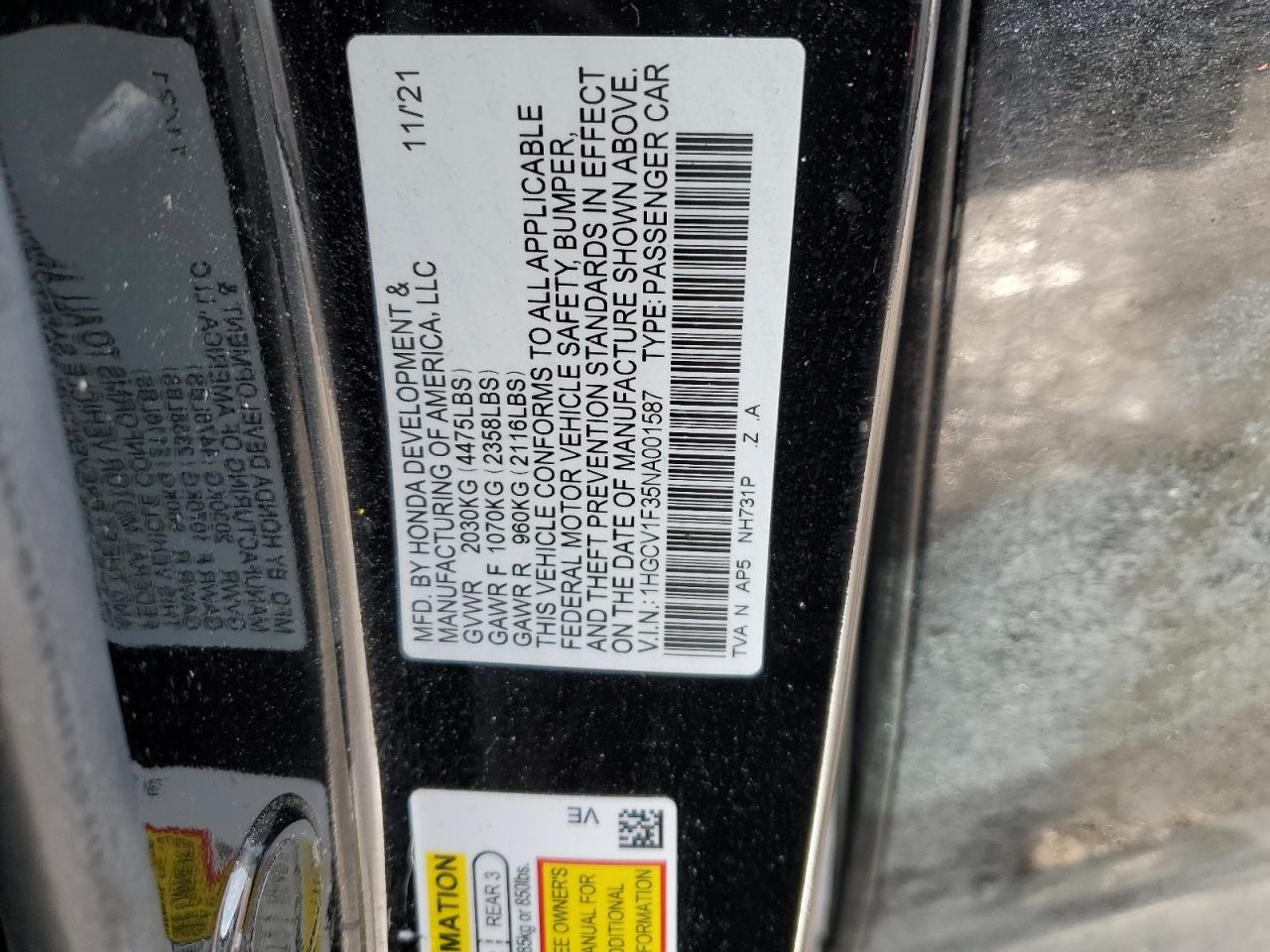 2022 HONDA ACCORD SPORT VIN:1HGCV1F35NA001587
