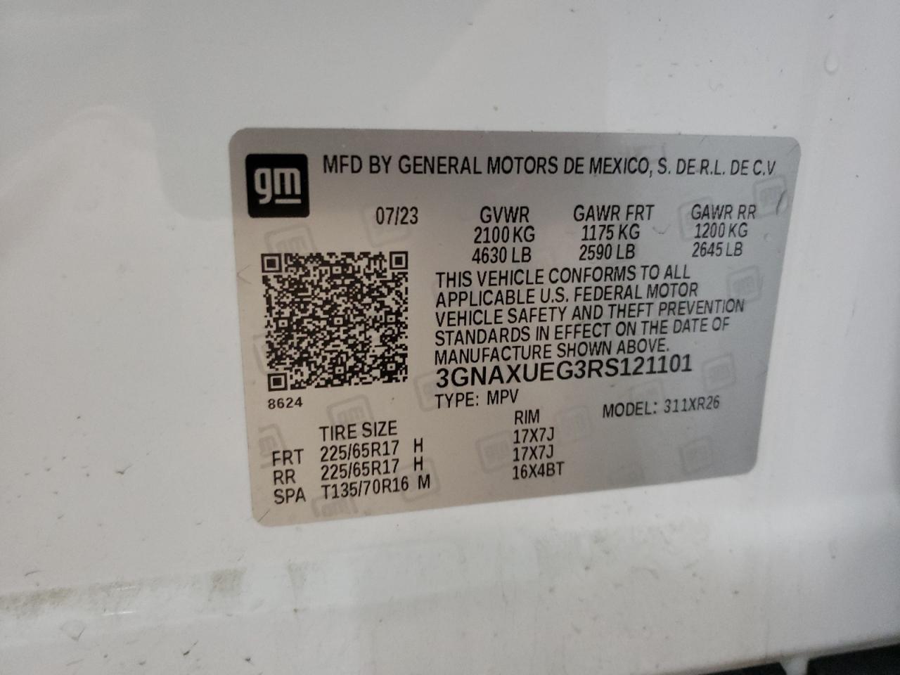 2024 CHEVROLET EQUINOX LT VIN:3GNAXUEG3RS121101