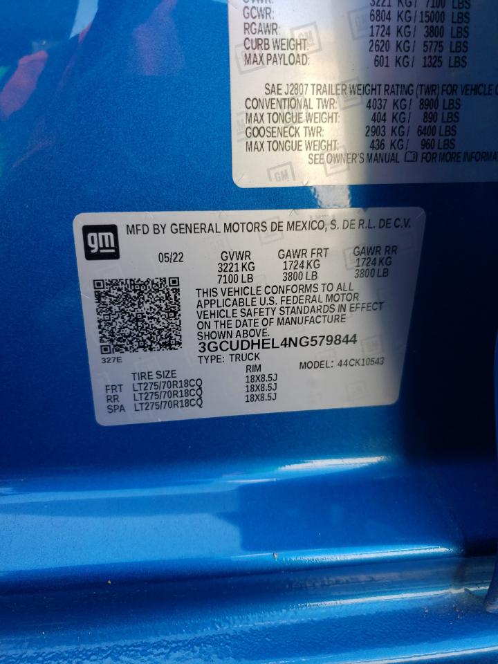 2022 CHEVROLET SILVERADO K1500 ZR2 VIN:3GCUDHEL4NG579844
