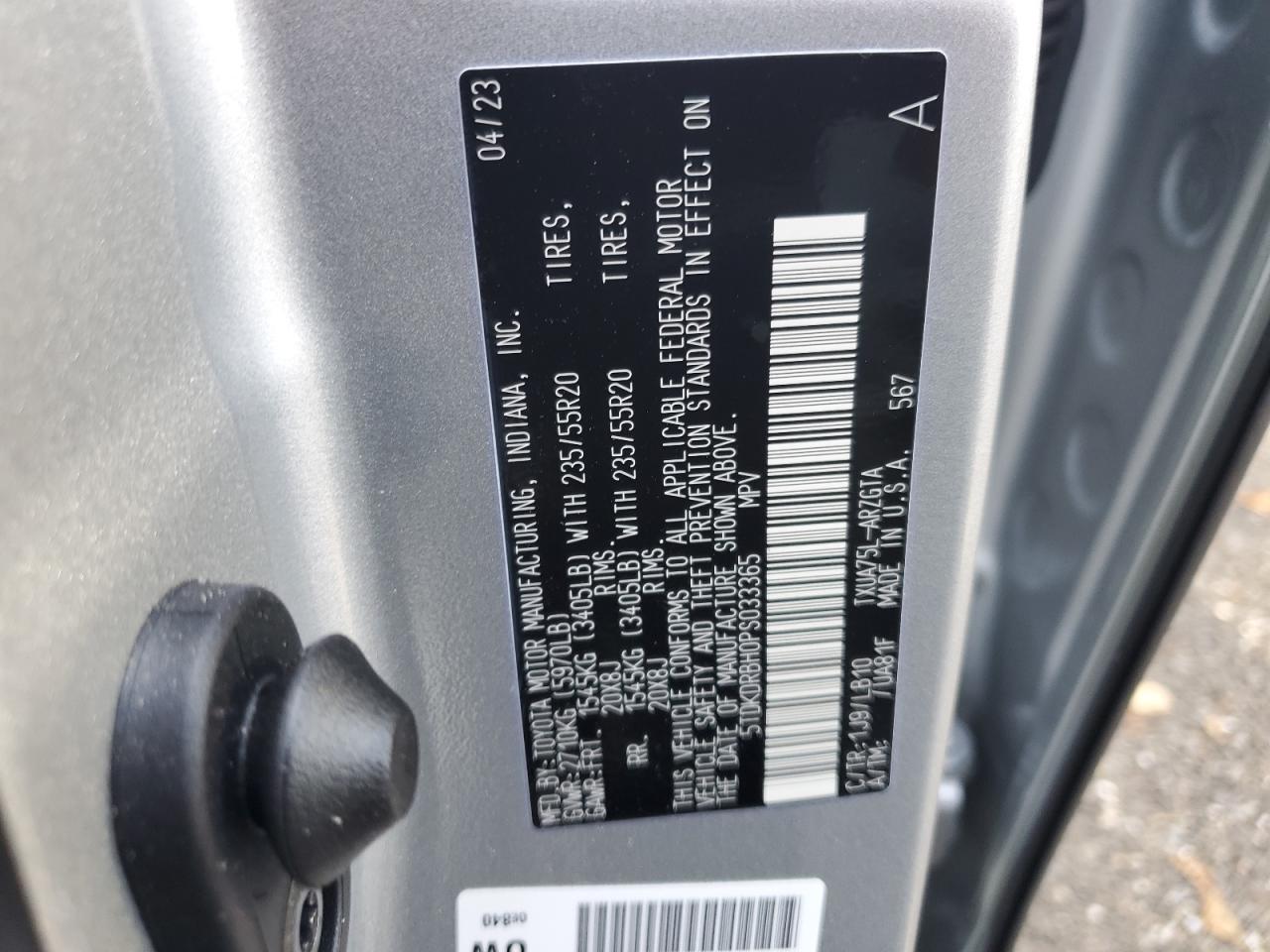 2023 TOYOTA HIGHLANDER L VIN:5TDKDRBH0PS033365