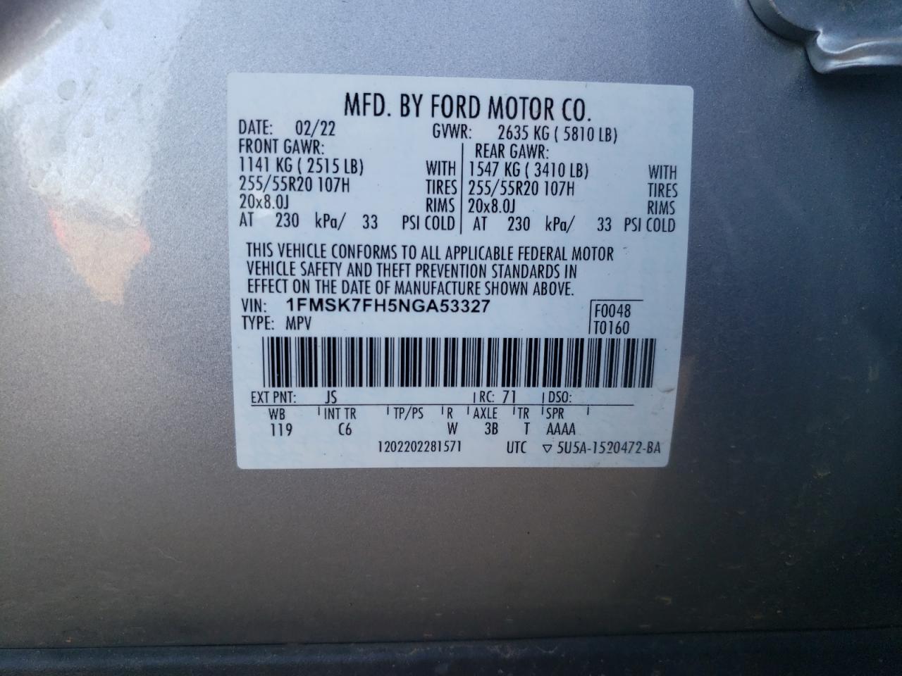 2022 FORD EXPLORER LIMITED VIN:1FMSK7FH5NGA53327