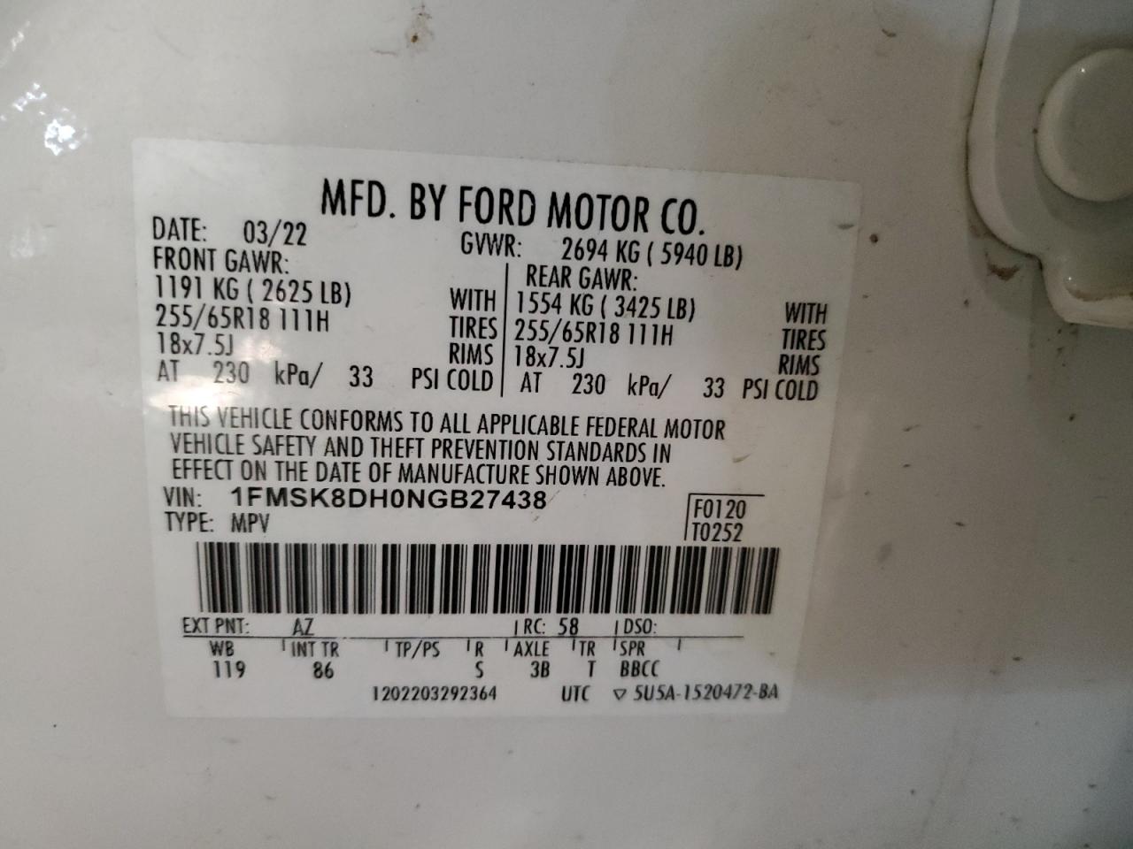2022 FORD EXPLORER XLT VIN:1FMSK8DH0NGB27438
