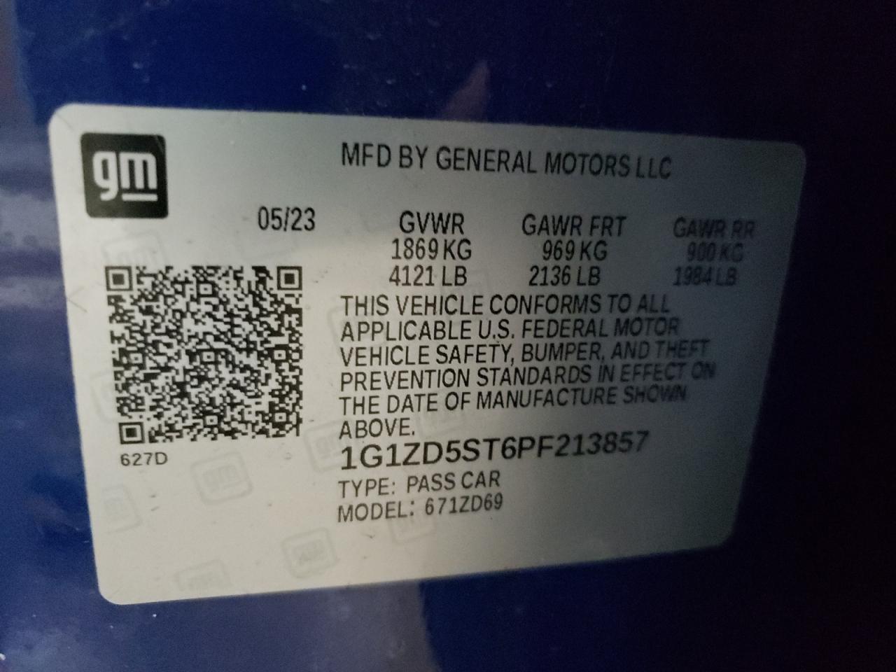 2023 CHEVROLET MALIBU LT VIN:1G1ZD5ST6PF213857