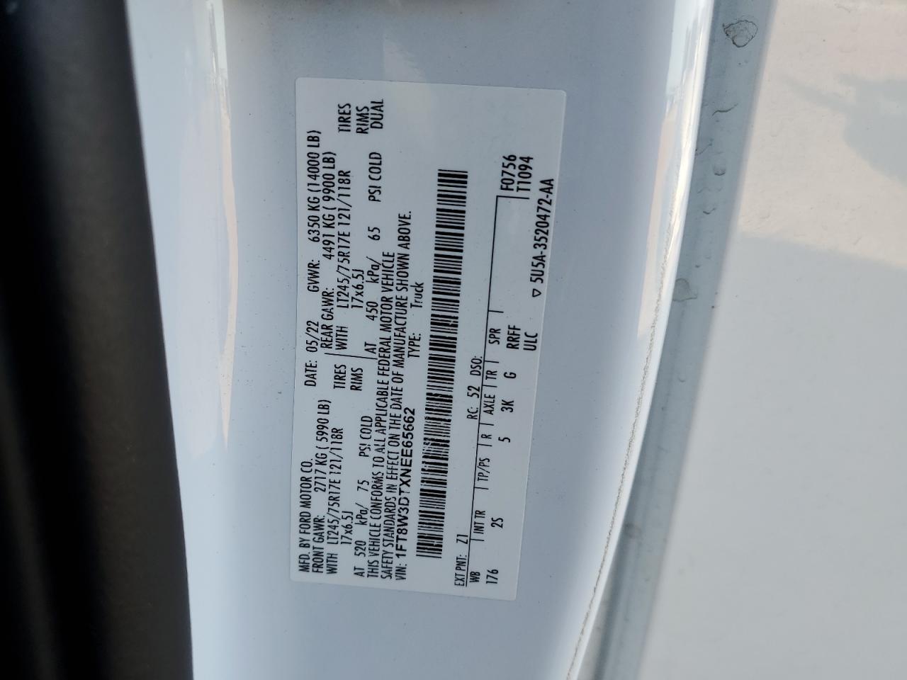 2022 FORD F350 SUPER DUTY VIN:1FT8W3DTXNEE65662