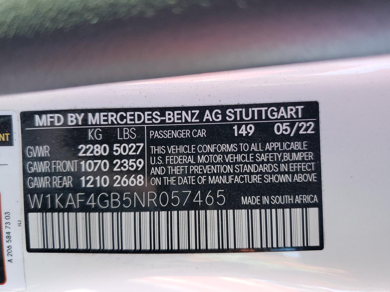 2022 MERCEDES-BENZ C 300 VIN:W1KAF4GB5NR057465