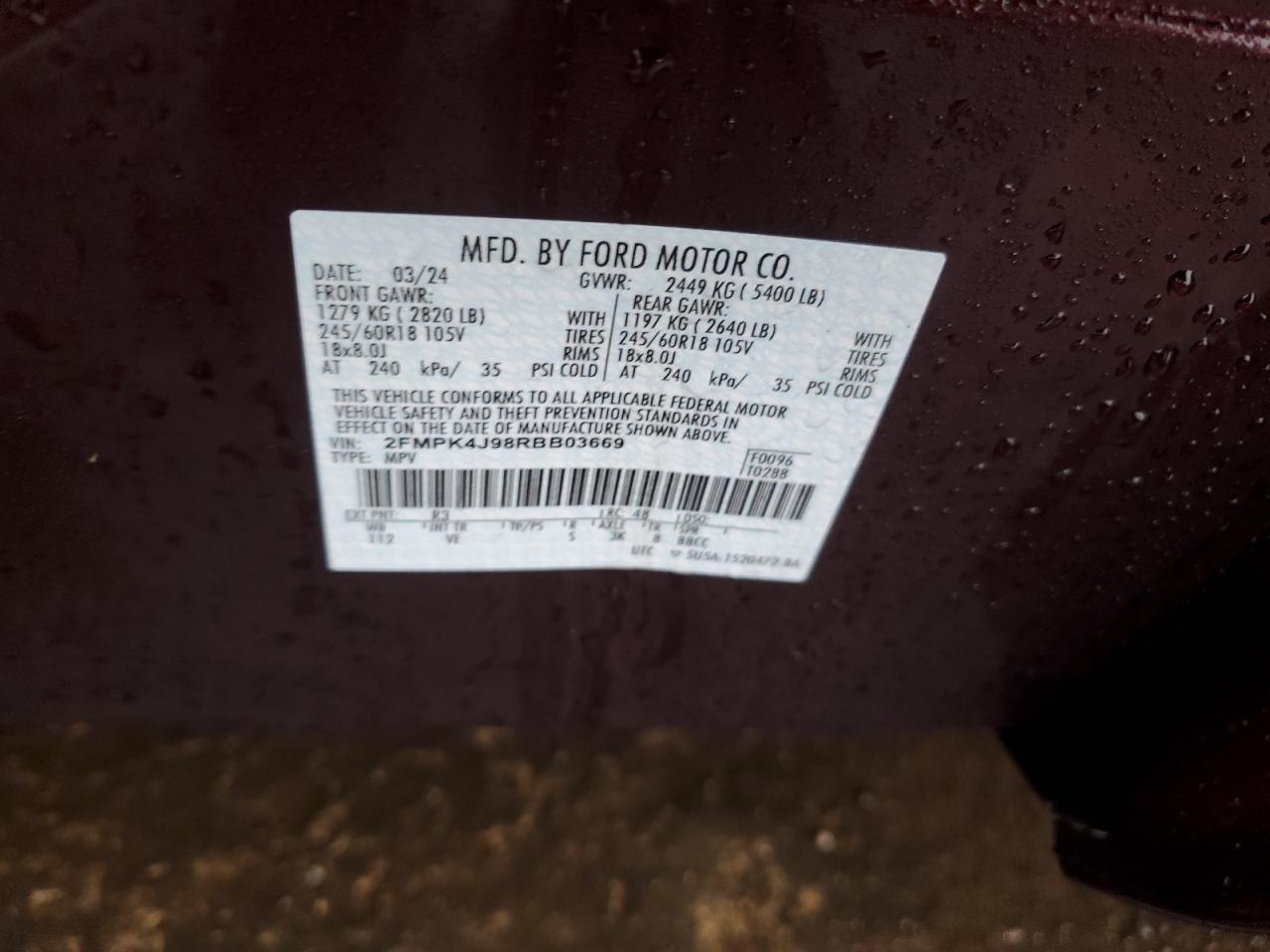 2024 FORD EDGE SEL VIN:2FMPK4J98RBB03669