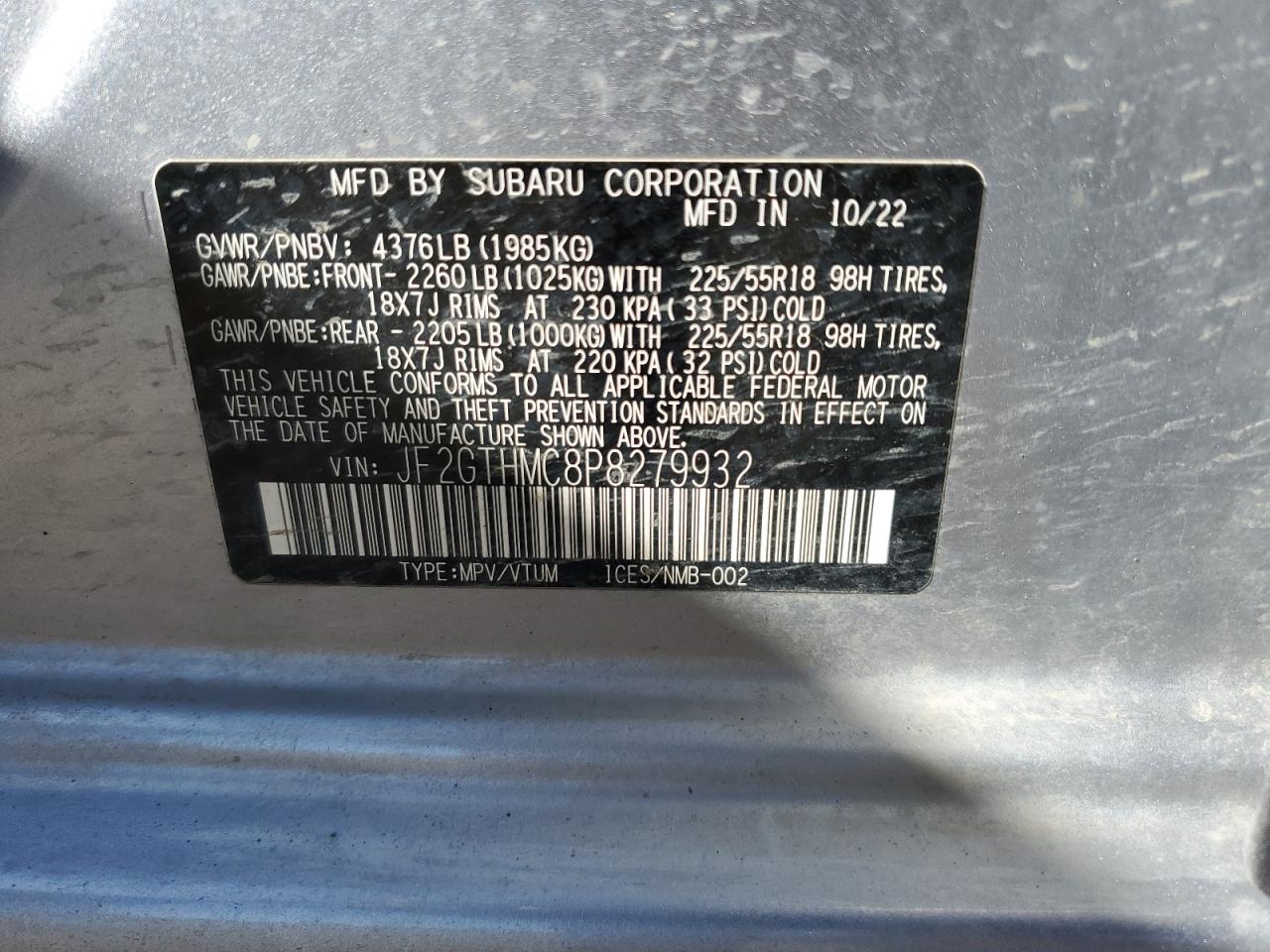 2023 SUBARU CROSSTREK LIMITED VIN:JF2GTHMC8P8279932