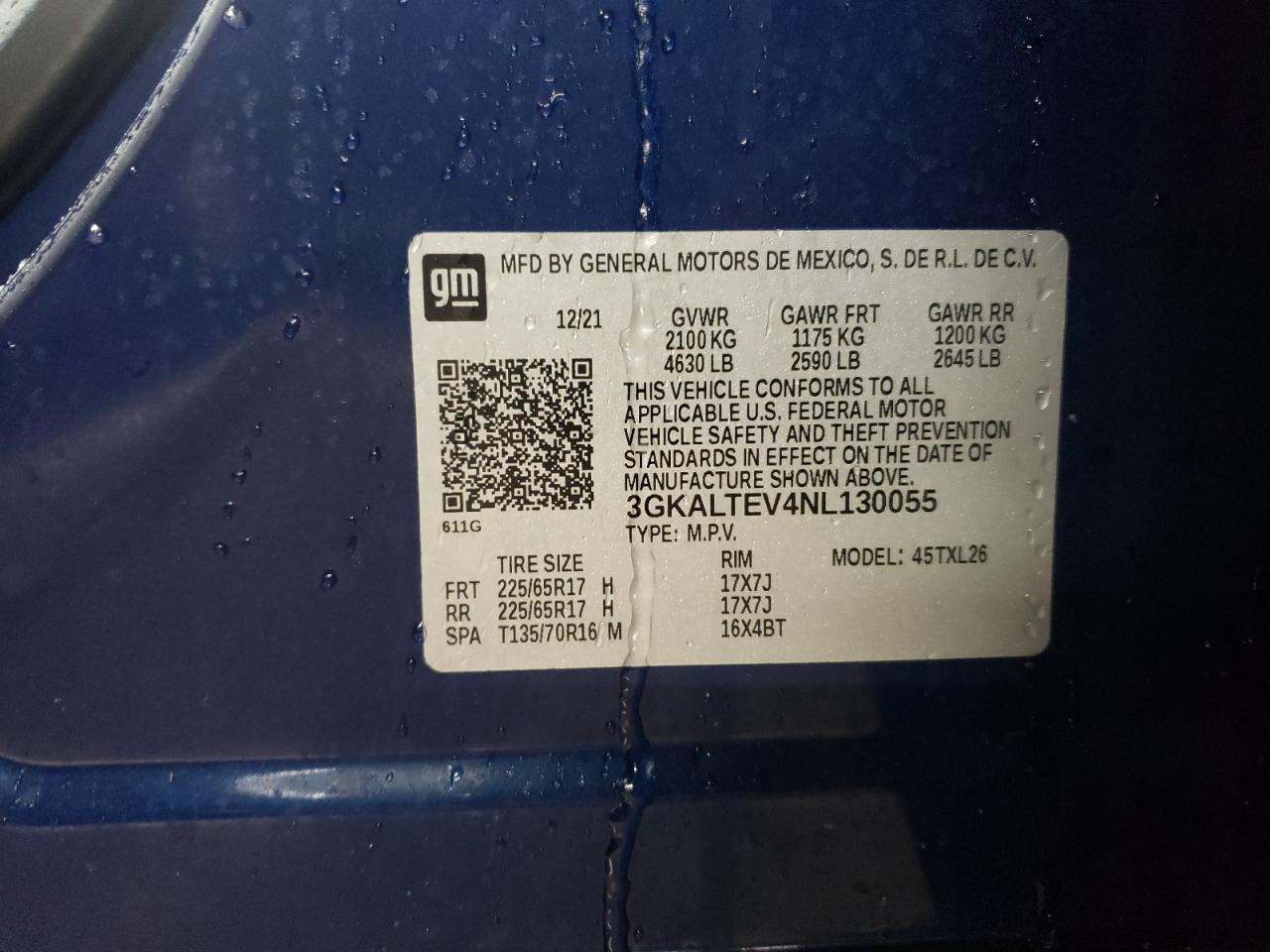2022 GMC TERRAIN SLE VIN:3GKALTEV4NL130055