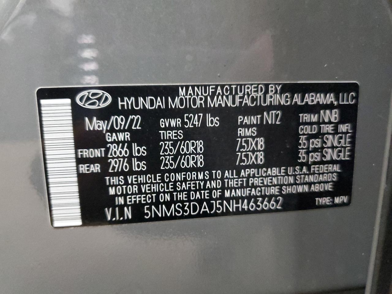 2022 HYUNDAI SANTA FE SEL VIN:5NMS3DAJ5NH463662