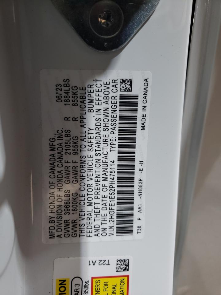 2023 HONDA CIVIC SI VIN:2HGFE1E52PH475114