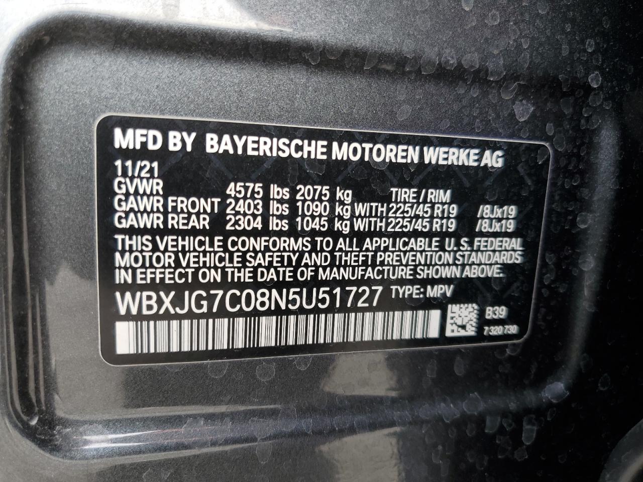 2022 BMW X1 SDRIVE28I VIN:WBXJG7C08N5U51727