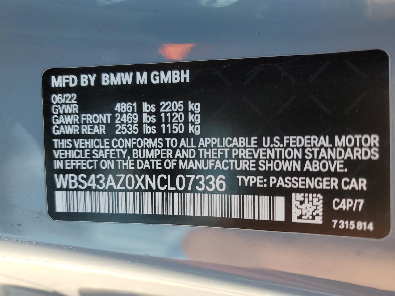 2022 BMW M4 COMPETITION VIN:WBS43AZ0XNCL07336