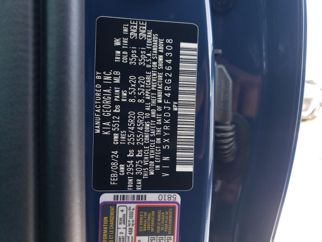 2024 KIA SORENTO SX VIN:5XYRKDJF4RG264308